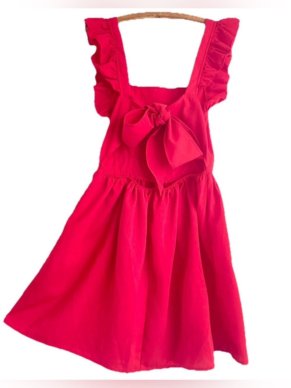 Red Ruffle Babydoll Mini Dress Open Tie BOWBack Flirty  Sz S M Game Day